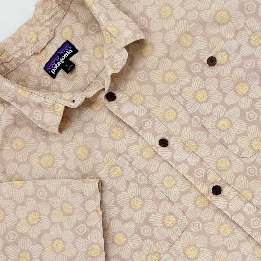 Patagonia Button Down Shirt Mens Large Pink Floral Hemp Cotton Excellent